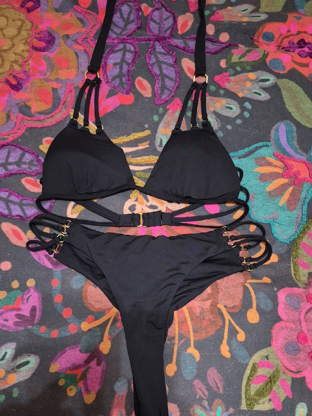 Bahimi Black Strappy Women's Bikini Set with Gold Hardware